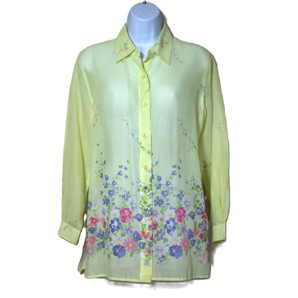 Liz Claiborne Lizsport Small Petite Yellow Floral Cotton Button Down Shirt